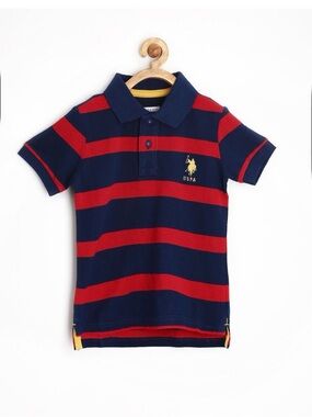 Vintage U.S. Polo Assn. Red & Navy Striped Polo with Yellow Logo